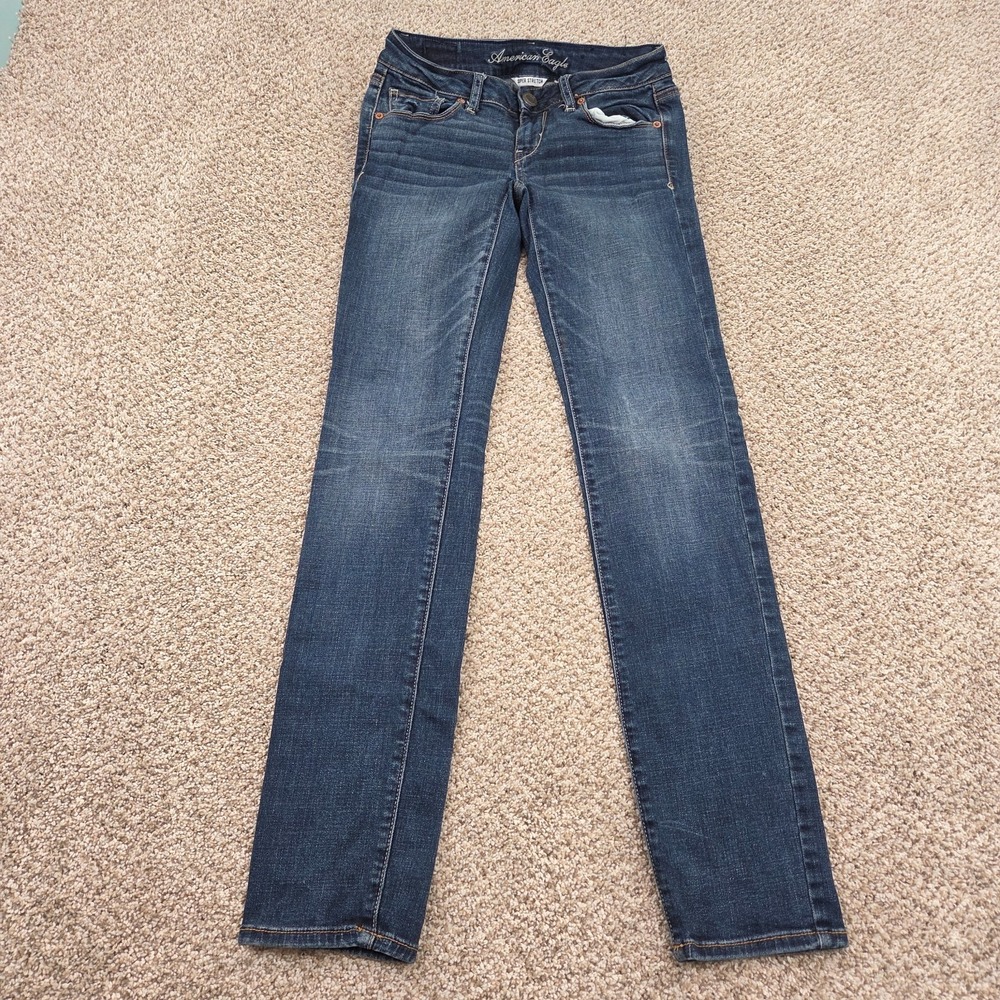 American Eagle Sz 0 REG Blue Super Stretch Skinny Denim Jeans Dark Wash Low Rise